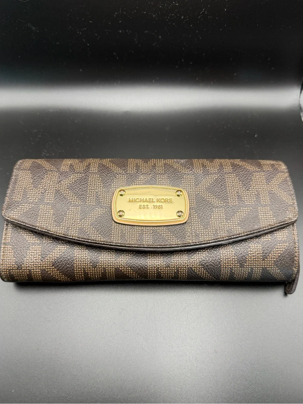 Michael Kors Brown Logo Zip Continental Wallet with Gold Plate